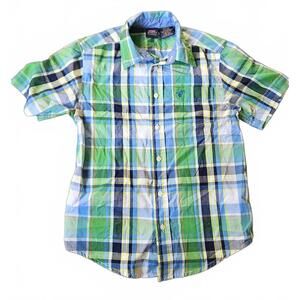 Wrangler Boys Short Sleeve Blue Green Pocket Plaid Shirt Size Medium  9